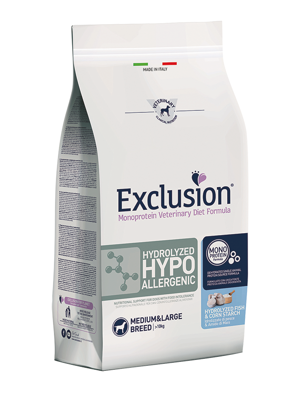 Exclusion Hydrolyzed Hypoallergenic Adult M/L Pesce e Amido di Mais - 12KG